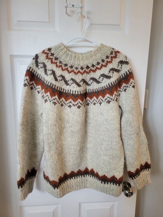 Sweaters - Handknit Icelandic-Style Wool Sweater in Cream with Brown & Rust Accents